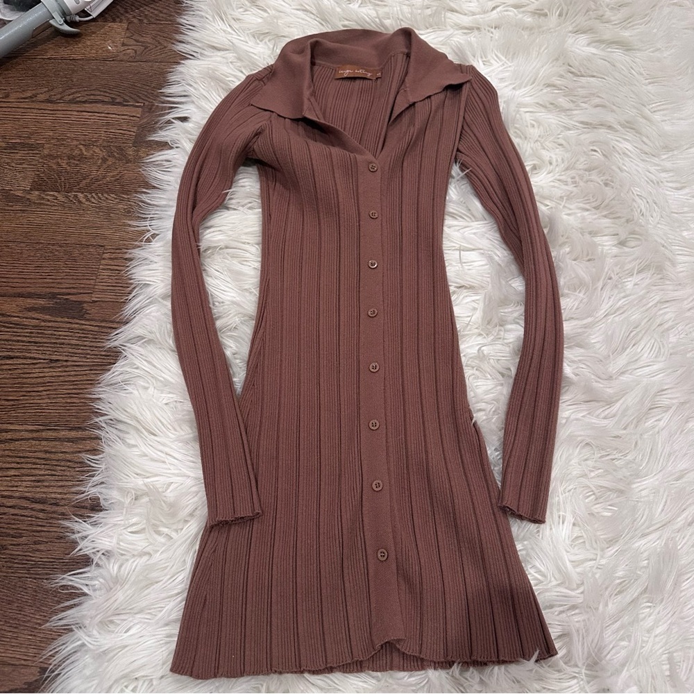 Brown Knit Ribbed Button Down Dress - Picture 2 of 4